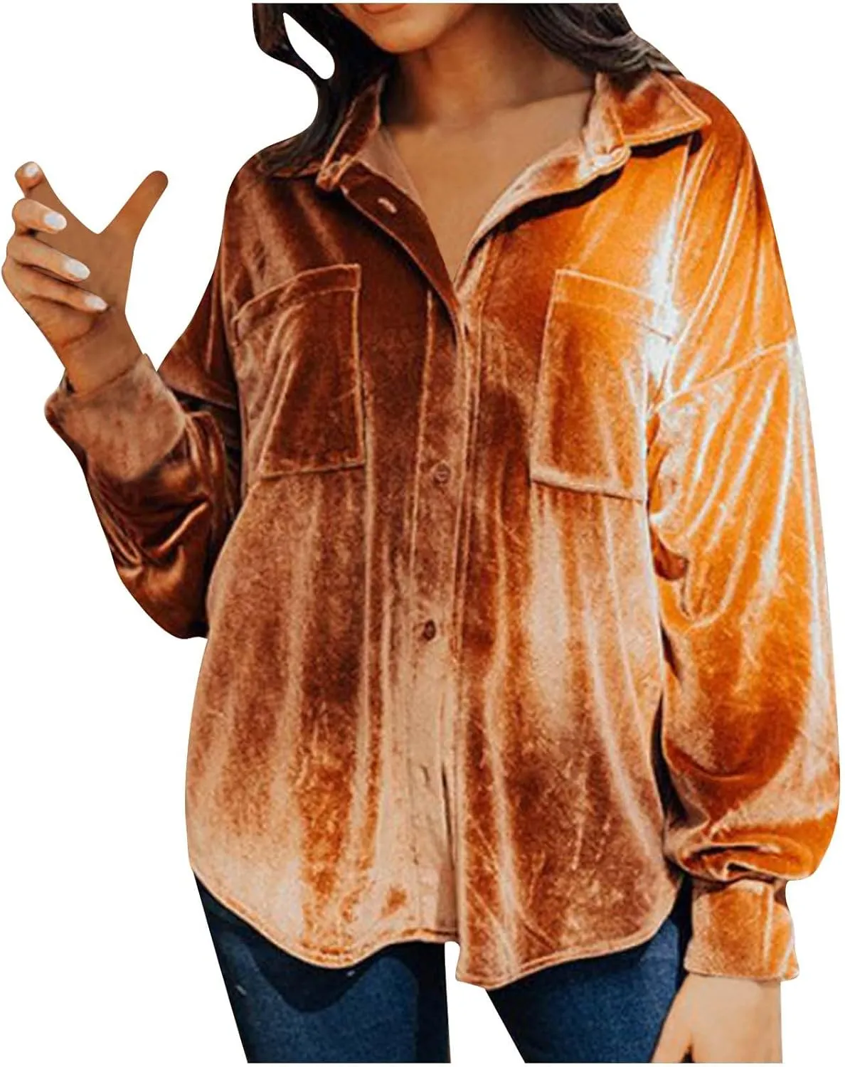 Xiaojmake Womens Oversized Velvet Blazer Jacket Spring Long Sleeve V Neck T Shirts with Pocket Button Down Office Work Blouse