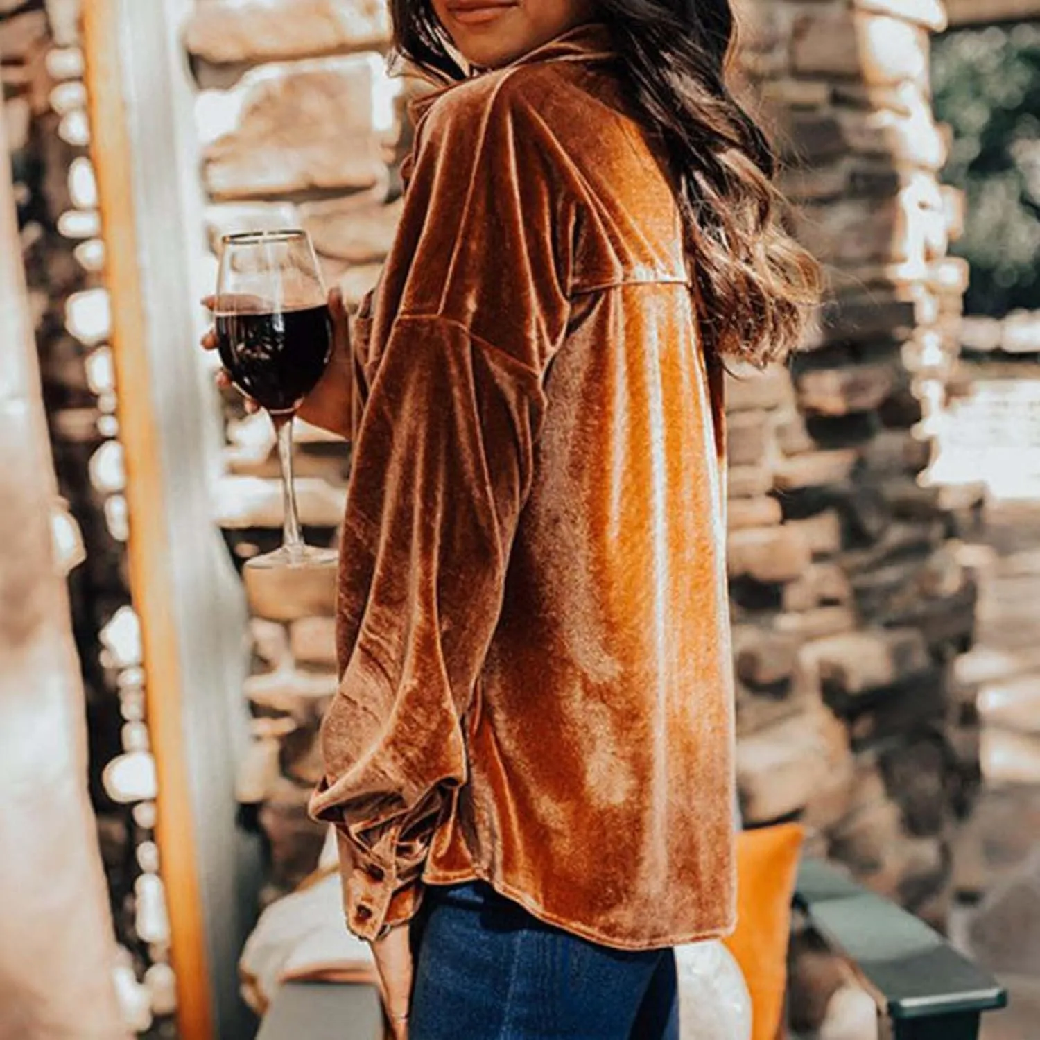Xiaojmake Womens Oversized Velvet Blazer Jacket Spring Long Sleeve V Neck T Shirts with Pocket Button Down Office Work Blouse