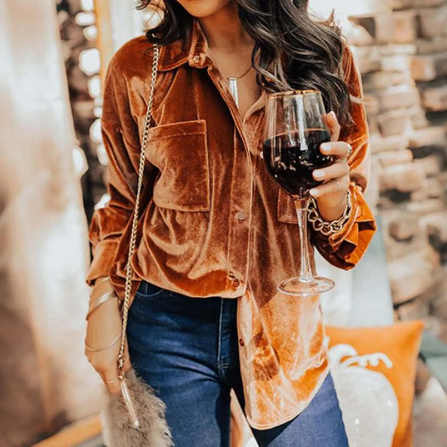 Xiaojmake Womens Oversized Velvet Blazer Jacket Spring Long Sleeve V Neck T Shirts with Pocket Button Down Office Work Blouse