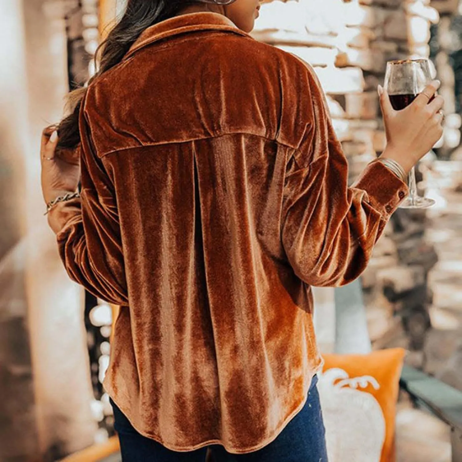 Xiaojmake Womens Oversized Velvet Blazer Jacket Spring Long Sleeve V Neck T Shirts with Pocket Button Down Office Work Blouse