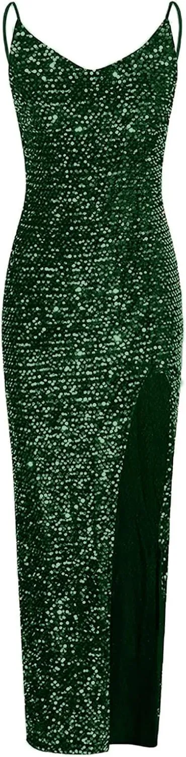 XUNRYAN Women Spaghetti Strap Sequin Dress Sexy Bodycon Camis Maxi Dresses High Slit Cocktail Evening Ball Gown Outfits