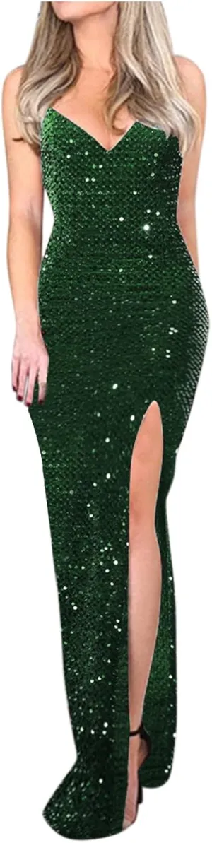 XUNRYAN Women Spaghetti Strap Sequin Dress Sexy Bodycon Camis Maxi Dresses High Slit Cocktail Evening Ball Gown Outfits
