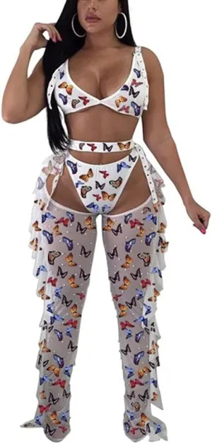 Yeshire Women's Sexy 2 Pieces Outfit See Through Crop Top and Pants Sets Mesh Cover Up Backless Jumpsuits Clubwear