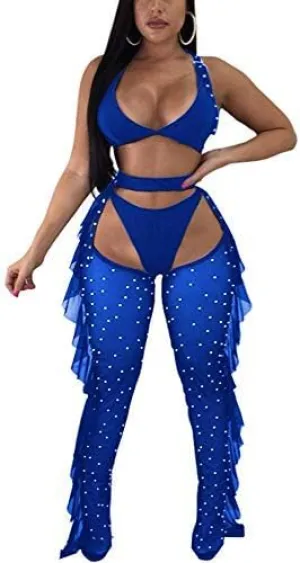 Yeshire Women's Sexy 2 Pieces Outfit See Through Crop Top and Pants Sets Mesh Cover Up Backless Jumpsuits Clubwear