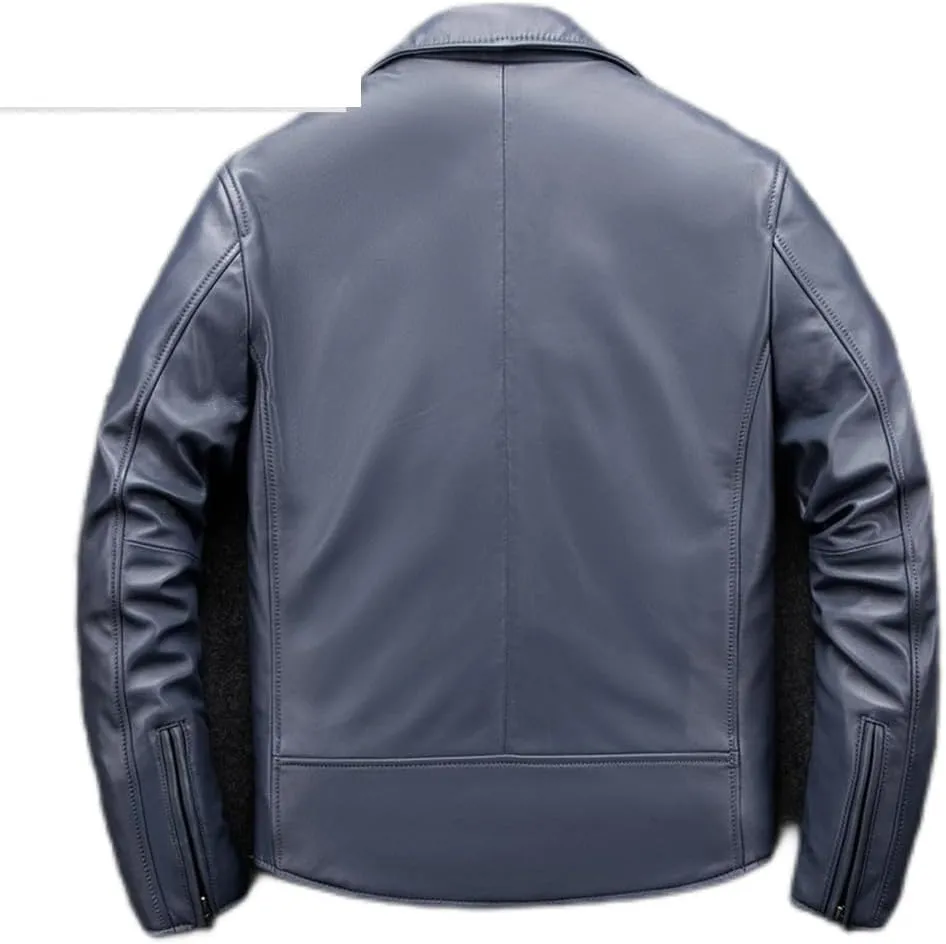 Youllyuu Men Cowhide Leather Jackets Lapel Asymmetric Racer Moto Jackets Multi Zipper Motorcycle Outwear