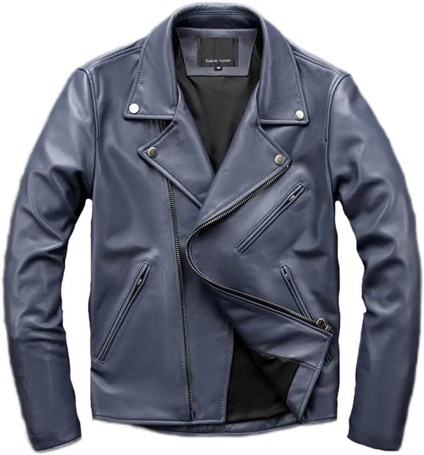 Youllyuu Men Cowhide Leather Jackets Lapel Asymmetric Racer Moto Jackets Multi Zipper Motorcycle Outwear