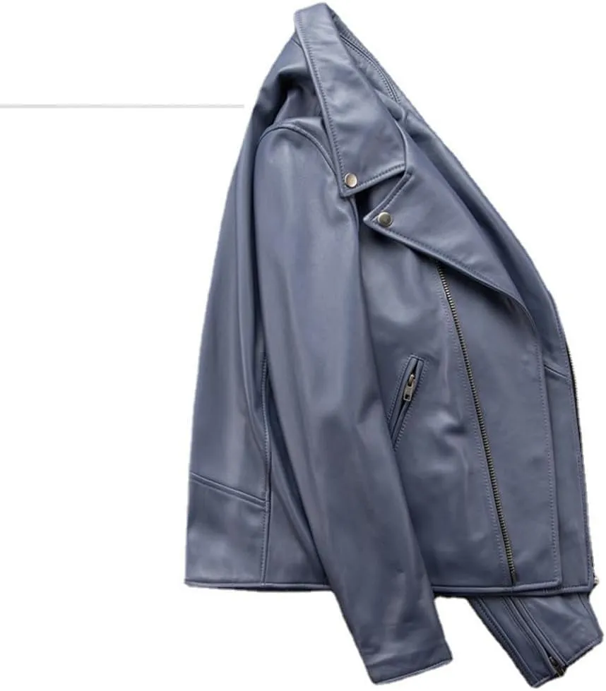 Youllyuu Men Cowhide Leather Jackets Lapel Asymmetric Racer Moto Jackets Multi Zipper Motorcycle Outwear