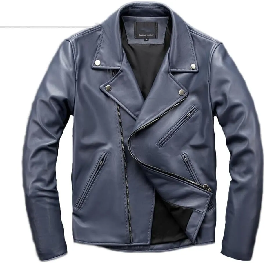 Youllyuu Men Cowhide Leather Jackets Lapel Asymmetric Racer Moto Jackets Multi Zipper Motorcycle Outwear