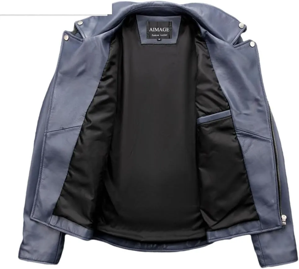 Youllyuu Men Cowhide Leather Jackets Lapel Asymmetric Racer Moto Jackets Multi Zipper Motorcycle Outwear
