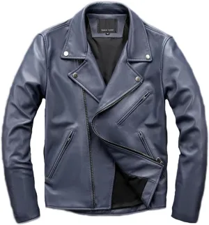 Youllyuu Men Cowhide Leather Jackets Lapel Asymmetric Racer Moto Jackets Multi Zipper Motorcycle Outwear