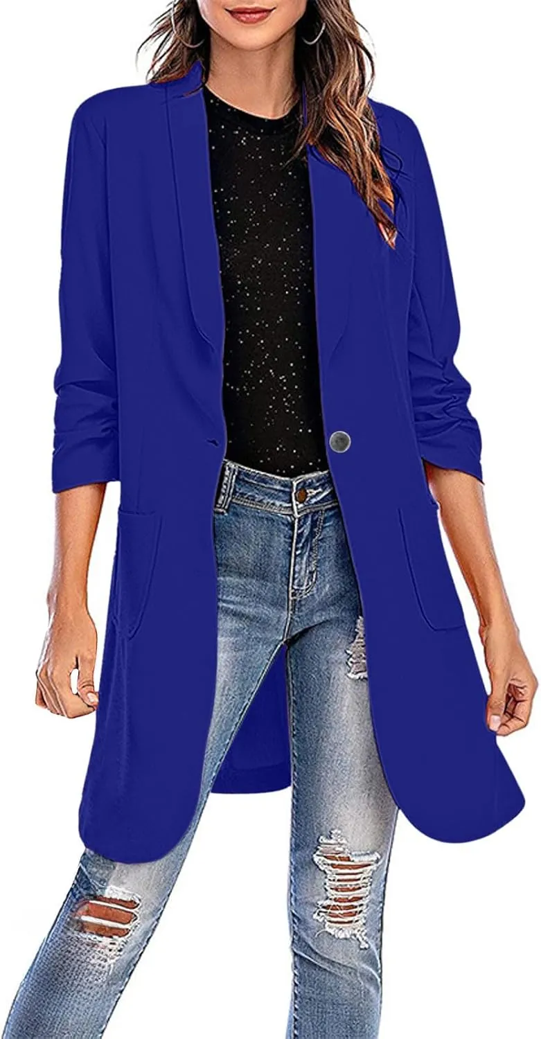 YRAETENM Blazers for Women Casual Ruched 3/4 Sleeve Lapel Collar Long Blazers Oversized Open Front Button Work Office Jackets