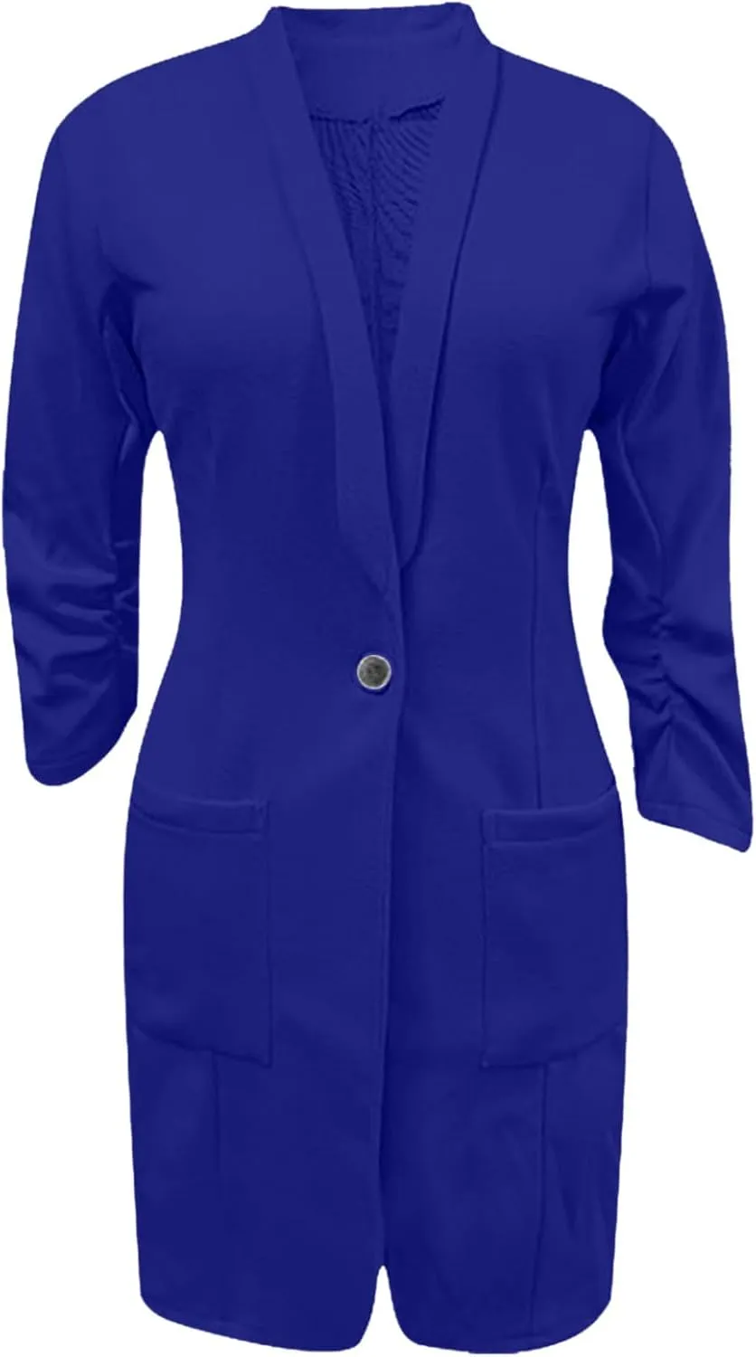YRAETENM Blazers for Women Casual Ruched 3/4 Sleeve Lapel Collar Long Blazers Oversized Open Front Button Work Office Jackets