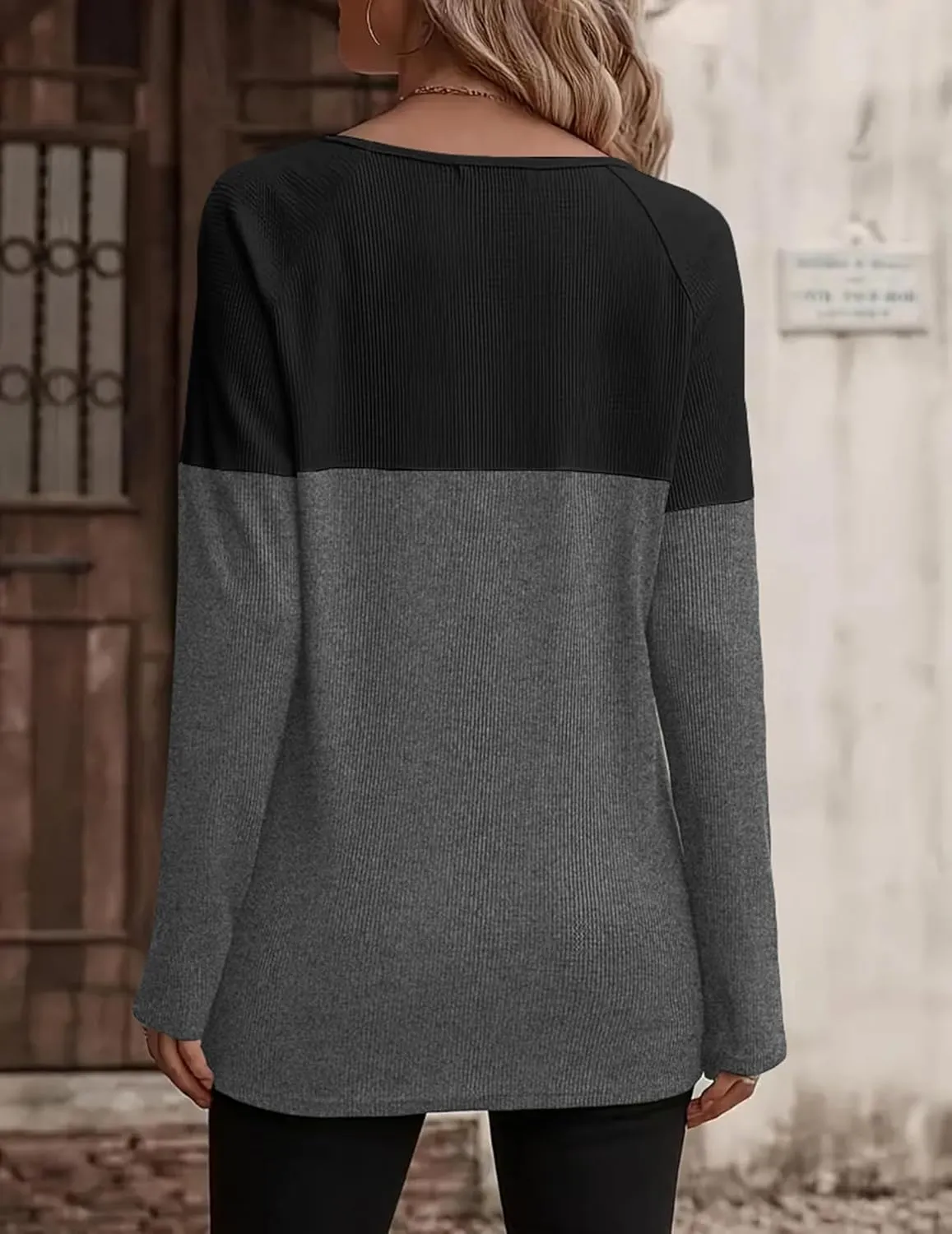 Zeagoo Women Waffle Knit Shirts Long Sleeve Colorblock Tee Button Detail Tunics