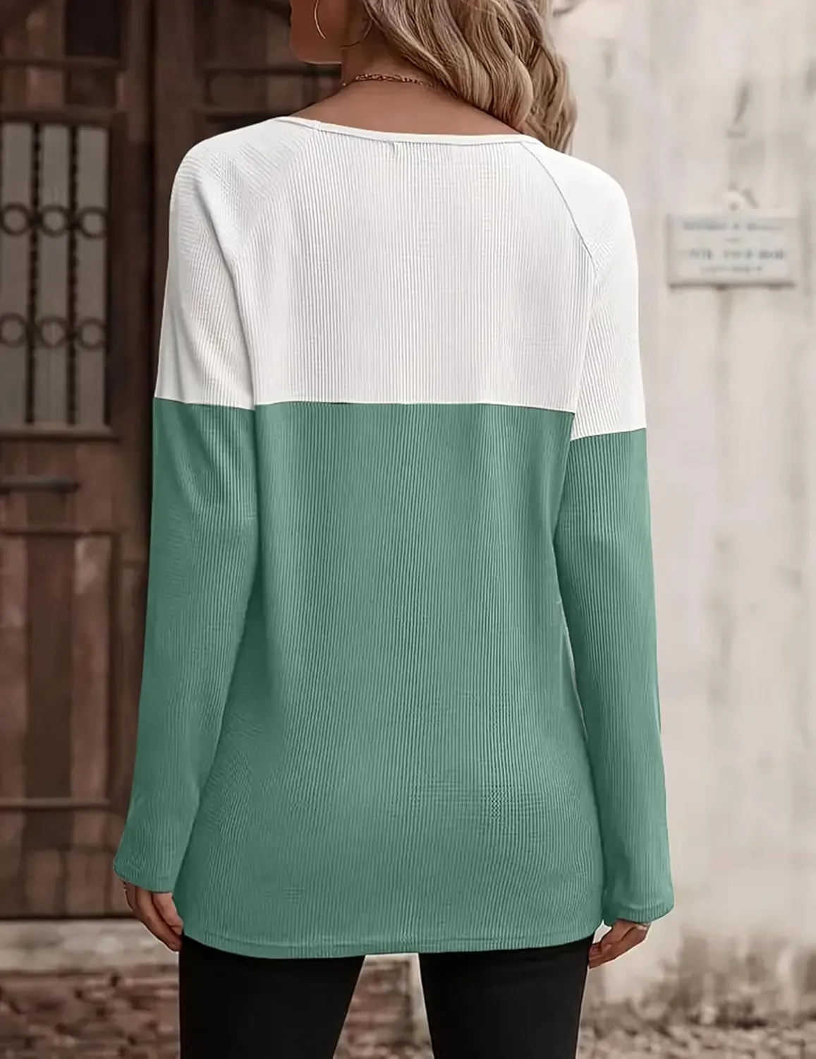 Zeagoo Women Waffle Knit Shirts Long Sleeve Colorblock Tee Button Detail Tunics