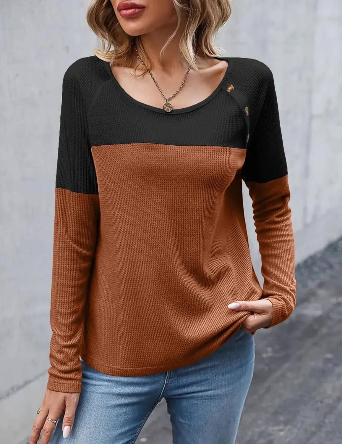 Zeagoo Women Waffle Knit Shirts Long Sleeve Colorblock Tee Button Detail Tunics