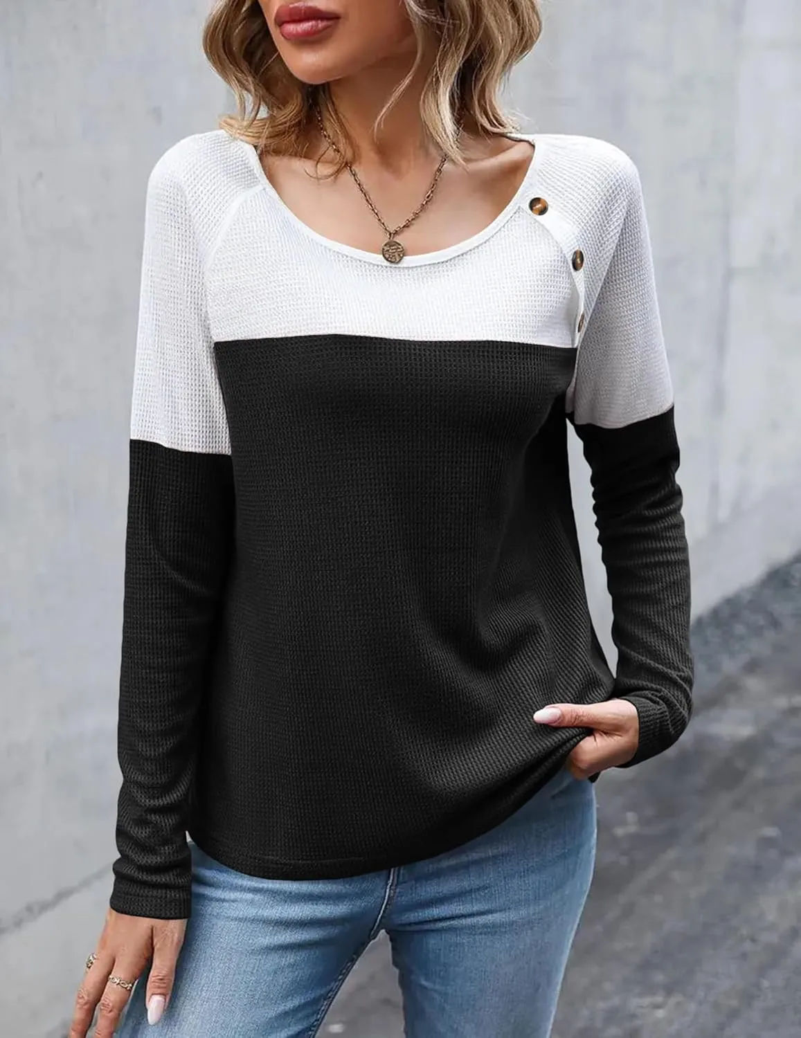 Zeagoo Women Waffle Knit Shirts Long Sleeve Colorblock Tee Button Detail Tunics