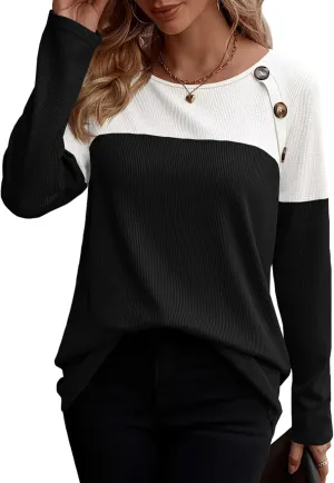 Zeagoo Women Waffle Knit Shirts Long Sleeve Colorblock Tee Button Detail Tunics