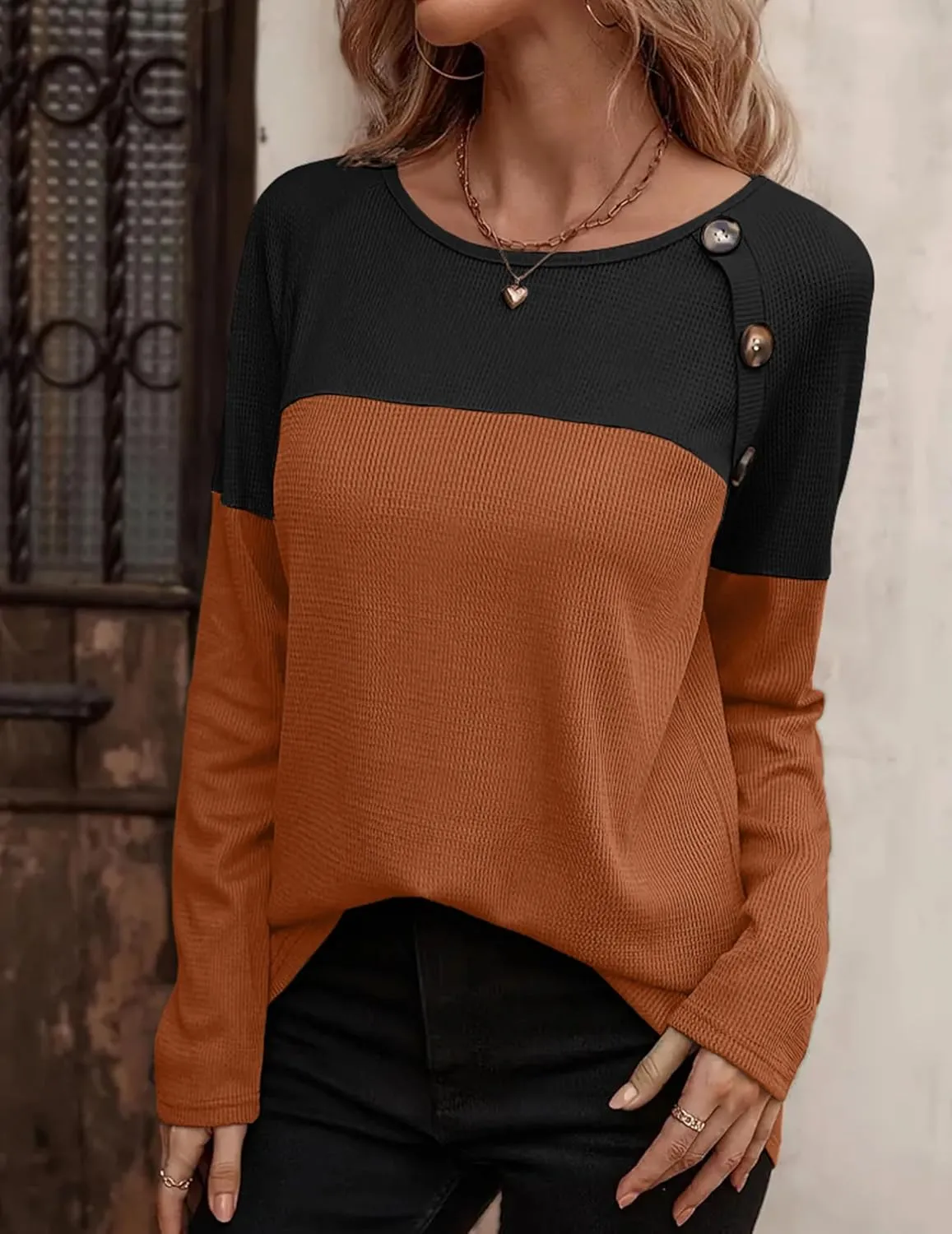 Zeagoo Women Waffle Knit Shirts Long Sleeve Colorblock Tee Button Detail Tunics