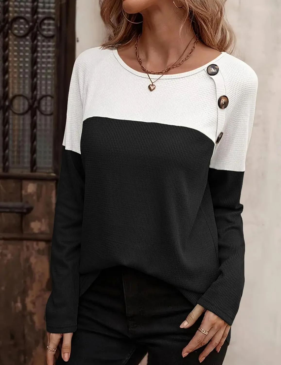 Zeagoo Women Waffle Knit Shirts Long Sleeve Colorblock Tee Button Detail Tunics