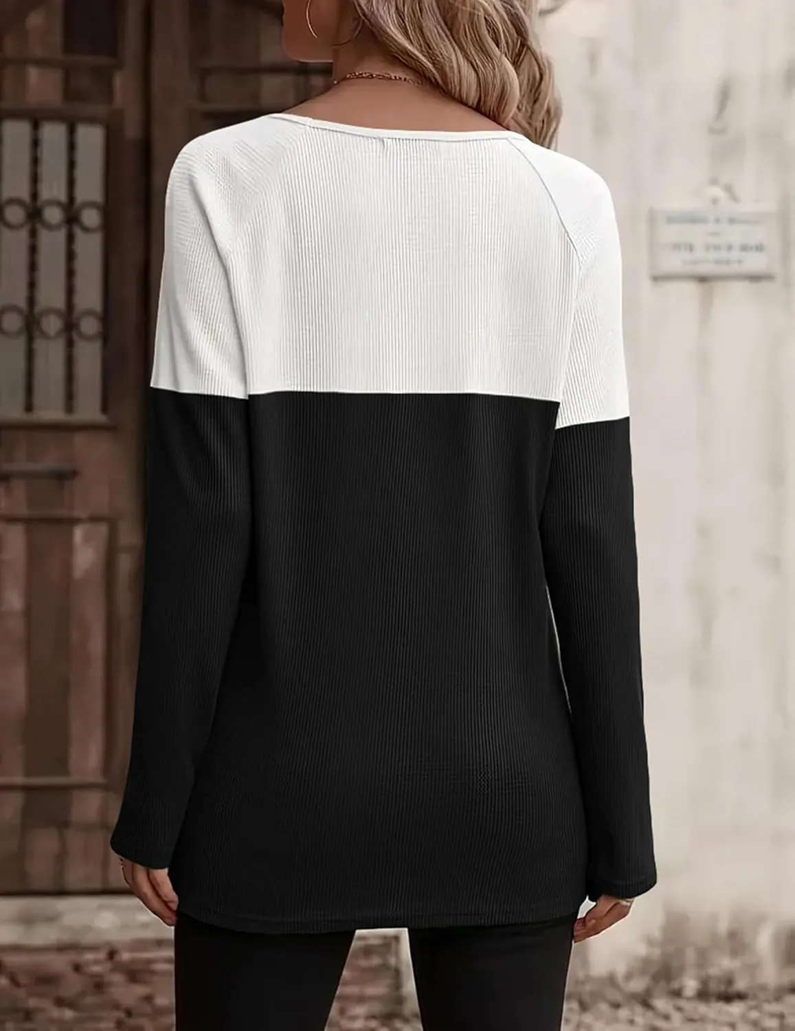 Zeagoo Women Waffle Knit Shirts Long Sleeve Colorblock Tee Button Detail Tunics