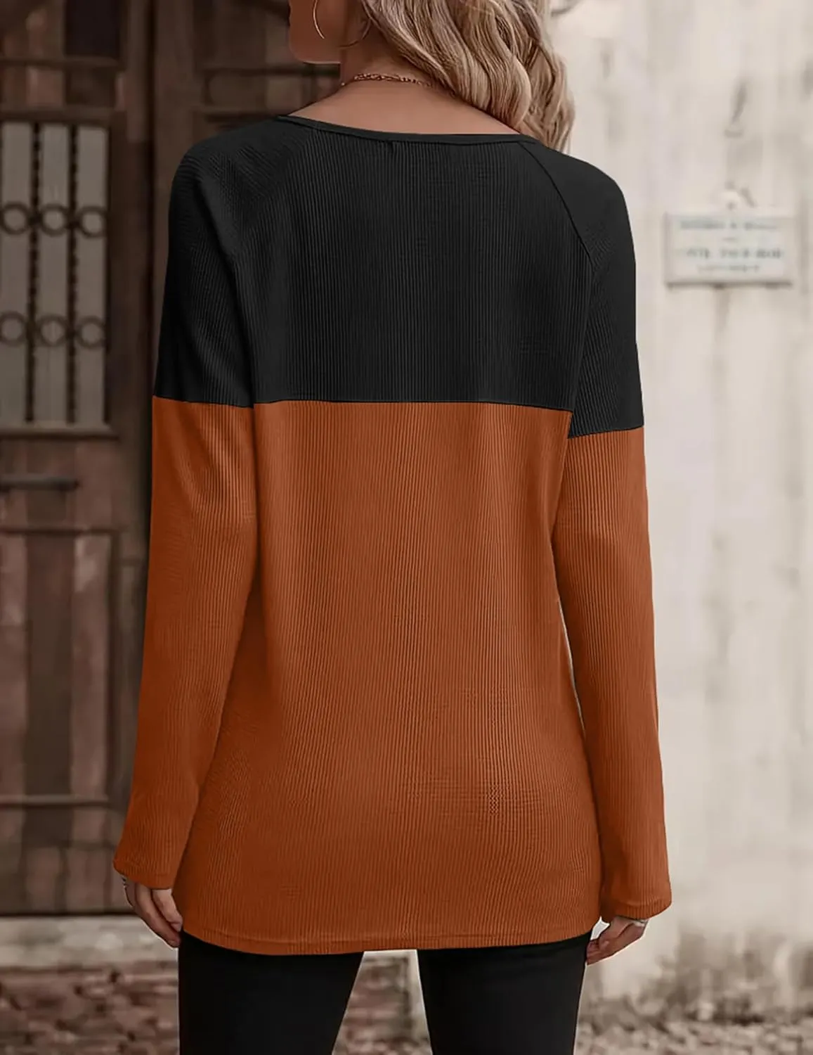 Zeagoo Women Waffle Knit Shirts Long Sleeve Colorblock Tee Button Detail Tunics