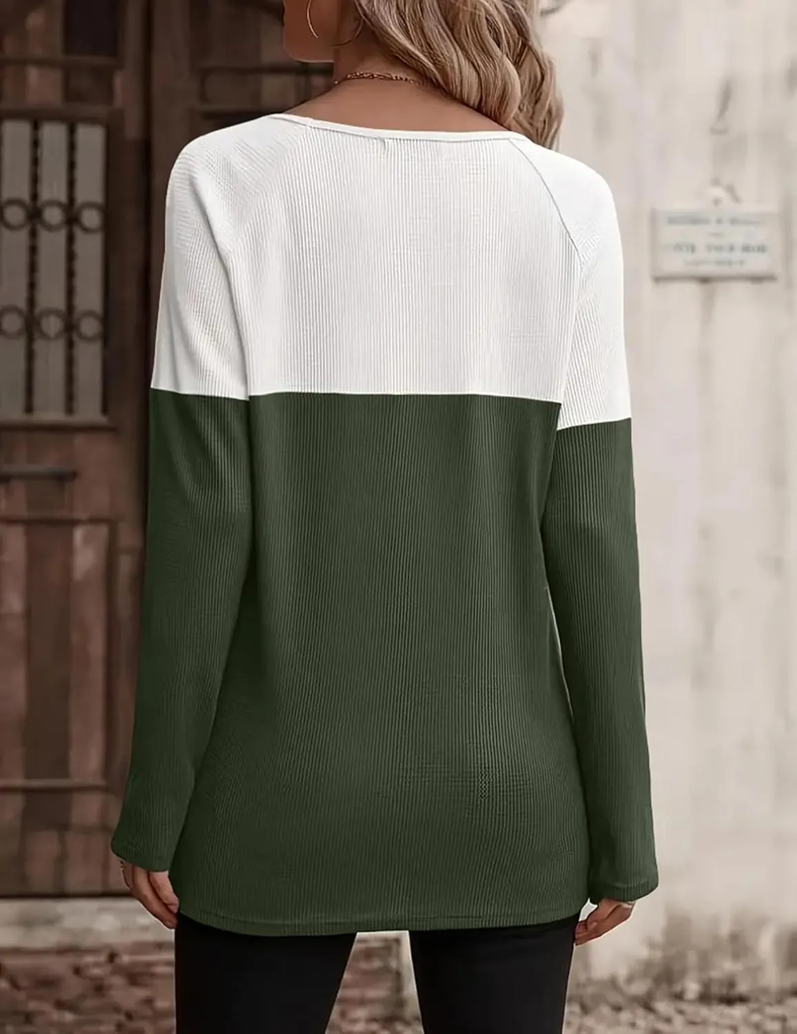 Zeagoo Women Waffle Knit Shirts Long Sleeve Colorblock Tee Button Detail Tunics