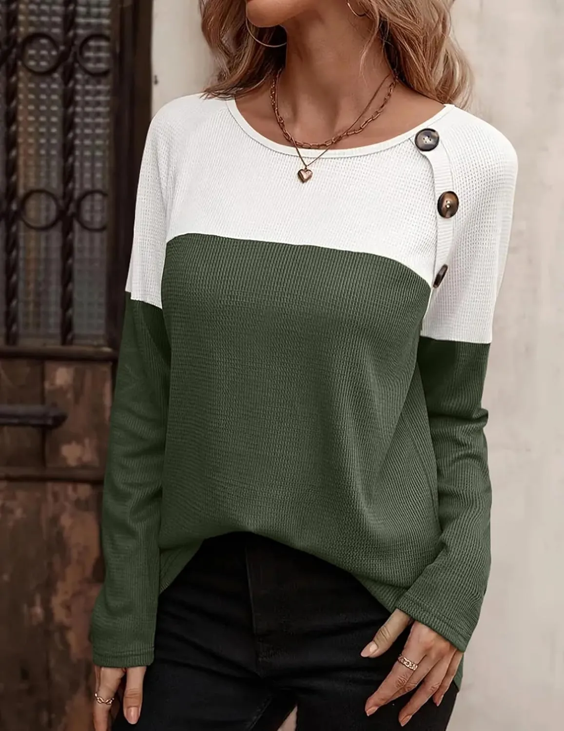 Zeagoo Women Waffle Knit Shirts Long Sleeve Colorblock Tee Button Detail Tunics