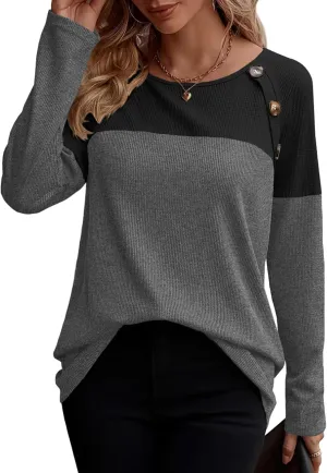Zeagoo Women Waffle Knit Shirts Long Sleeve Colorblock Tee Button Detail Tunics
