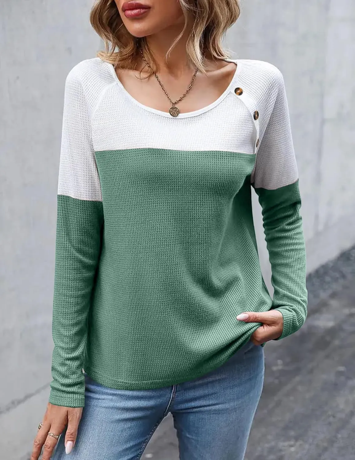 Zeagoo Women Waffle Knit Shirts Long Sleeve Colorblock Tee Button Detail Tunics