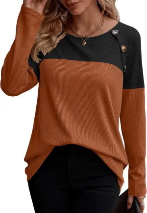 Zeagoo Women Waffle Knit Shirts Long Sleeve Colorblock Tee Button Detail Tunics