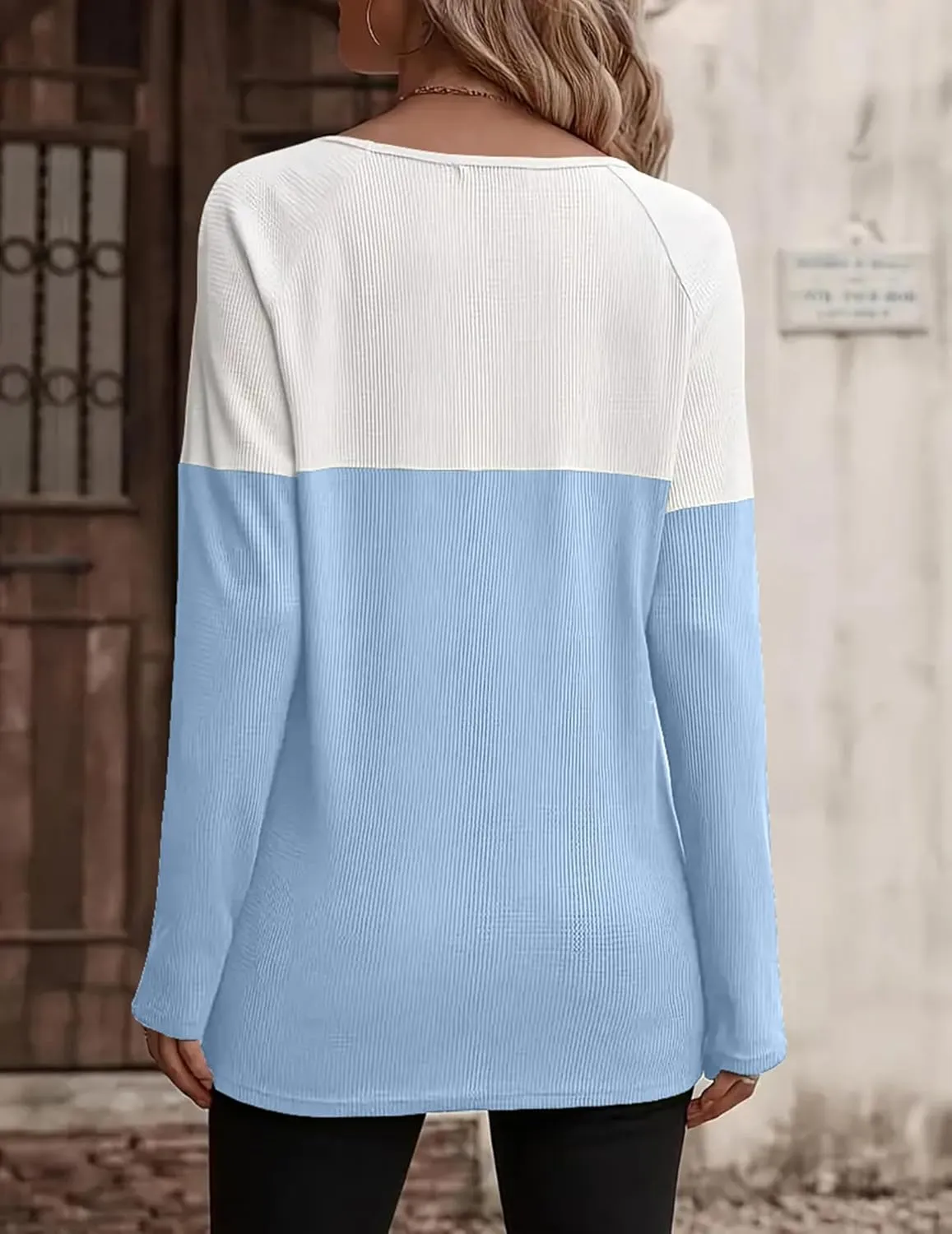Zeagoo Women Waffle Knit Shirts Long Sleeve Colorblock Tee Button Detail Tunics