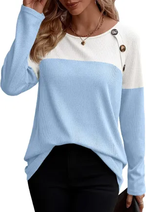 Zeagoo Women Waffle Knit Shirts Long Sleeve Colorblock Tee Button Detail Tunics