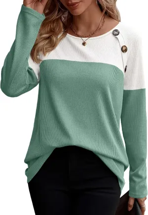 Zeagoo Women Waffle Knit Shirts Long Sleeve Colorblock Tee Button Detail Tunics
